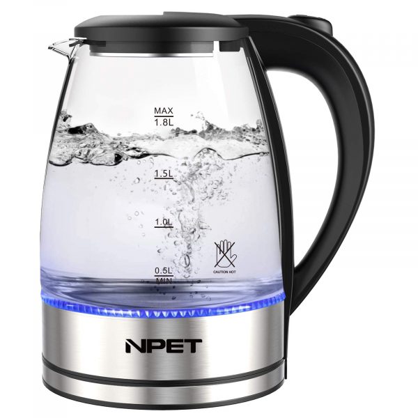 Ấm đun nước điện NPET EK20 1000W Ấm pha trà thủy tinh không có BPA, không có dây 1,8L Nồi thủy tinh nước di động có đèn LED, tự động ngắt và bảo vệ đun sôi - Ấm đun nước bằng thép không gỉ