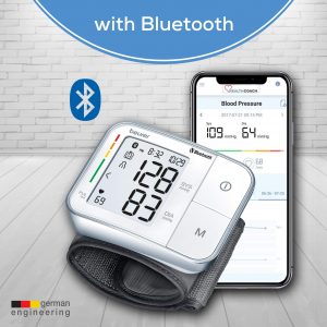 Beurer Bluetooth Smart, Máy đo huyết áp cổ tay không dây & tự động với màn hình LCD lớn, Phát hiện nhịp tim bất thường, Nhiều người dùng, Đọc đồng bộ với ứng dụng HealthCoach, 60 Khoảng trống bộ nhớ, BC57