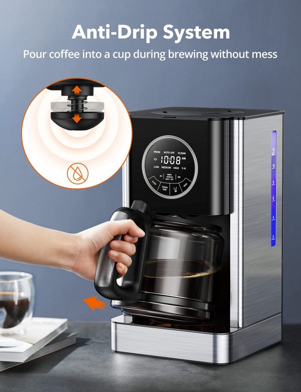 Máy pha cà phê nhỏ giọt có thể lập trình 12 cốc, Máy pha cà phê với bộ lọc và hẹn giờ bằng thủy tinh, Điều khiển cường độ bia, Giữ ấm, Điều khiển cảm ứng, Chống nhỏ giọt, Chức năng tự làm sạch cho nhà bếp gia đình