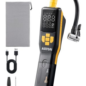 Bơm điện AstroAI 150PSI cho xe đạp, có đồng hồ đo áp suất, bơm nhanh trong 30 giây | Bơm hơi di động với van Presta & Schrader, tự động ngắt, đèn LED và thiết kế có ngăn chứa đồ, phù hợp cho xe đạp leo núi, xe đạp đường trường, xe máy, bóng.